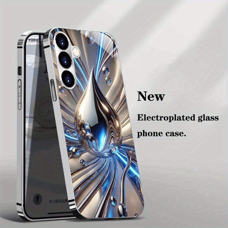 Blue Silver Fluid Water Drop Pattern Glass Phone Case Suitable for Samsung Galaxy S26 S25 S24 S22 S21 S20FE/Ultra/Plus Anti Drop