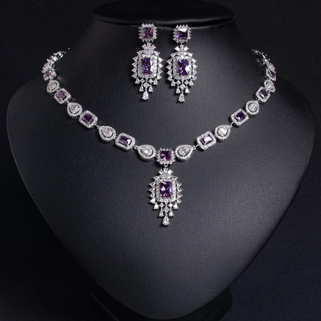 Luxurious Shiny Inlaid Zircon Silver Plated Fashion Bridal Party Wedding Engagement Anniversary Necklace and Earring Jewelry Set