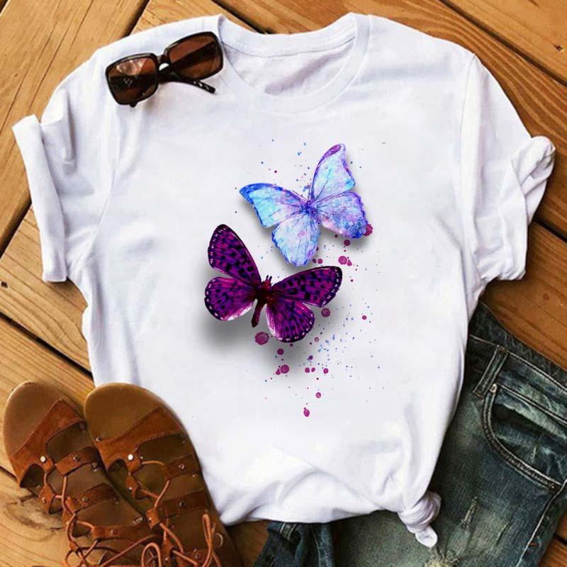 Summer Butterfly Print Plus Size Loose Round Neck Pure Cotton Short Sleeved Top T-Shirts Women’s Tees