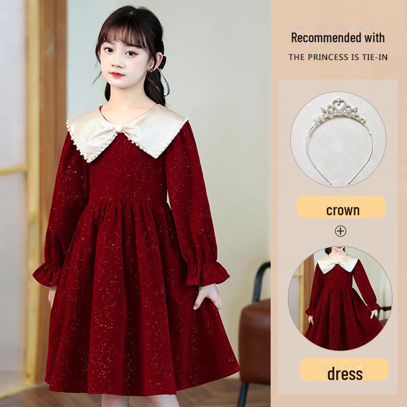 Stylish 2023 Autumn & Winter Girls' Long Sleeve Princess Dress with Velvet