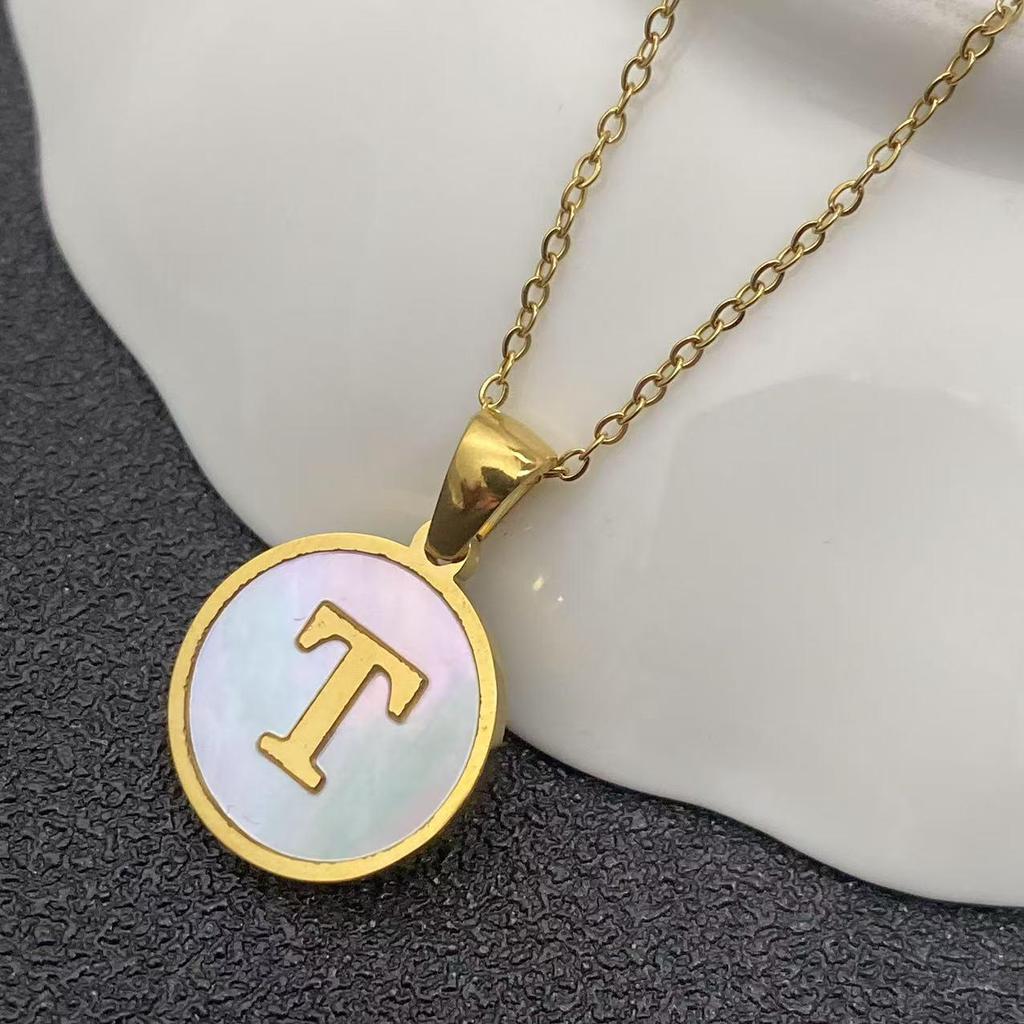 White Stainless Steel Small Round Tag Necklace - 26 Letters, Women's Cold Style Fashion, Versatile Light Luxury, 2025 Collection.
