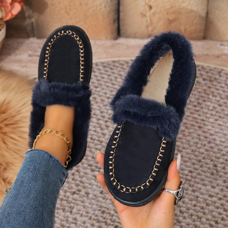 Women's Retro Fuzzy Round-Toe Cotton Shoes - Fleece-Lined, Thickly Padded, Flat Sole. Stylish, Versatile & Cozy Winter Footwear, Ideal for Wholesale