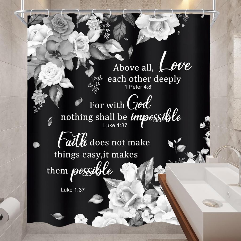 Black And White Floral Shower Curtain With Bible Verses Love Faith God Water Resistant Fabric Inspirational Home Decor Religious