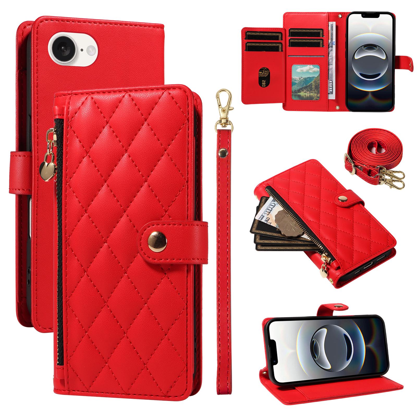 

For iPhone 16e Wallet Case with Straps,Rhombus Leather Stand Phone Cover Red