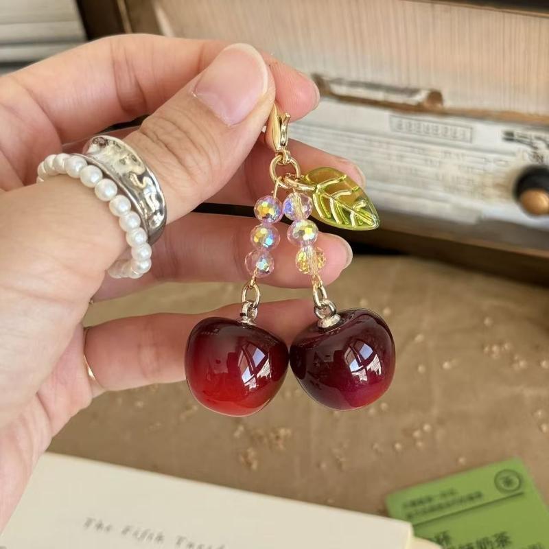 3D Red Cherry Keychain Glossy Sparkly Crystal Beads Gold Clasp Lovely Backpack Charm for Teen Girls