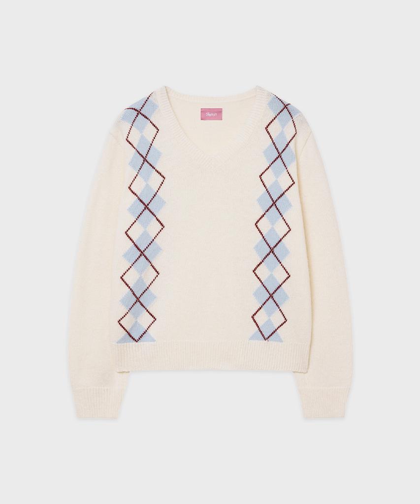 SINOON Sn Twin Argyle V-Neck Knit (Ivory)