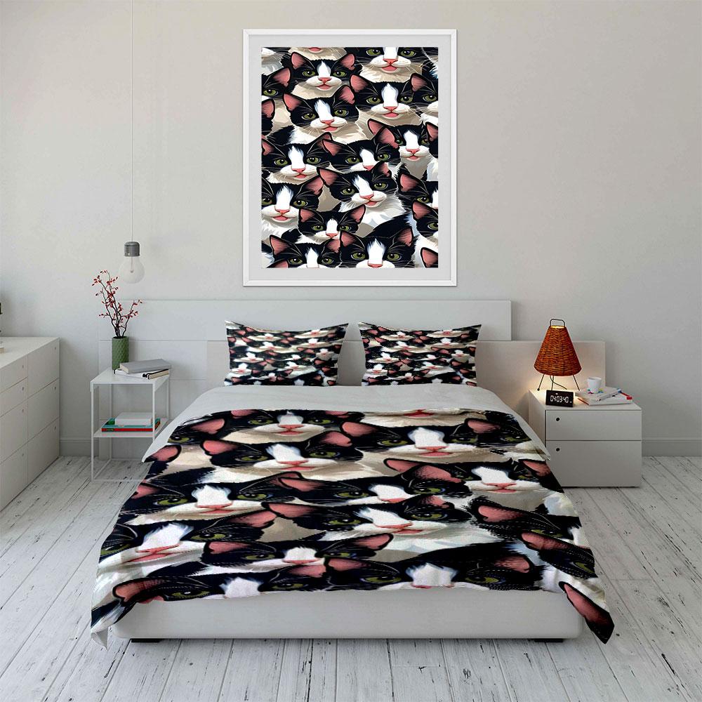 Black-and-white cat faces. Bedding sets Duvet cover sets Duvet covers Pillowcases(1 * Duvet Cover 2 * Pillowcases, without duvet insert)