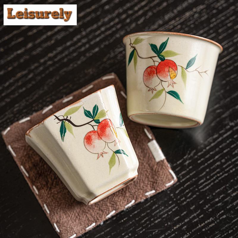 100ml Retro Cream Ru Kiln Ceramic Teacup Hand-painted Pomegranate Straight Mouth Cup Female Master Single Cup Kung Fu Tea Bowl