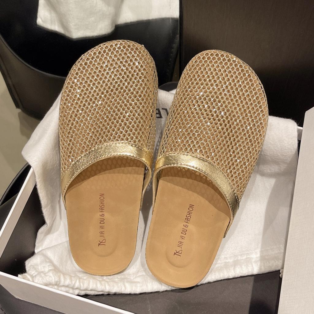 Thick Bottom Hollow Fishing Net Birkenstocks Slippers Women's 2025 Summer New Cork Flat Bottom Comfortable Bag Head Half Slippers