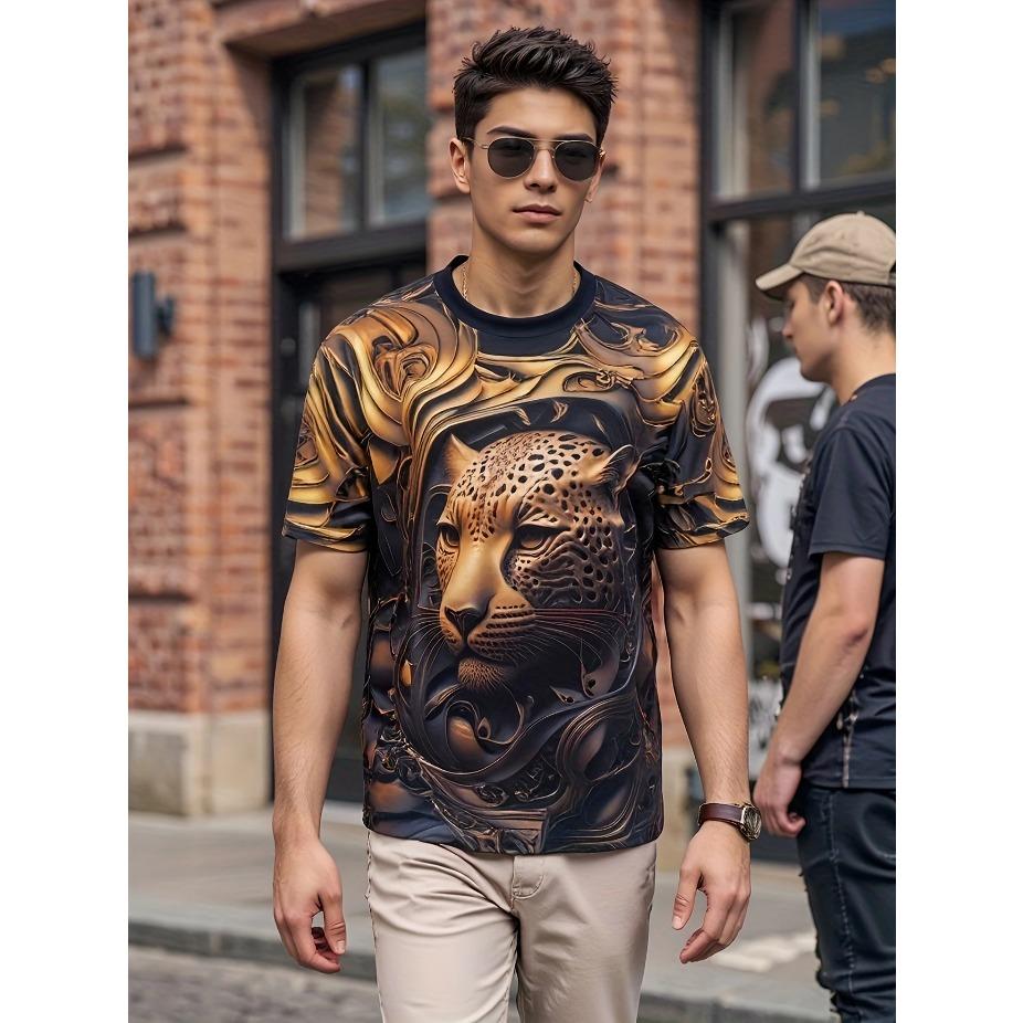 Men's Casual Short Sleeve T-Shirt - Animal Print Skull & Foliage Graphic Breathable Summer Tee Round Neck for Outdoor & Casual Wear, Summer