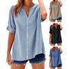 Women Shirt V-neck Short Sleeve Buttons Placket Shirt Tops Solid Color Loose Fit Casual Blouse Daily Wear