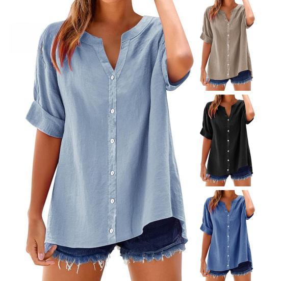 Women Shirt V-neck Short Sleeve Buttons Placket Shirt Tops Solid Color Loose Fit Casual Blouse Daily Wear