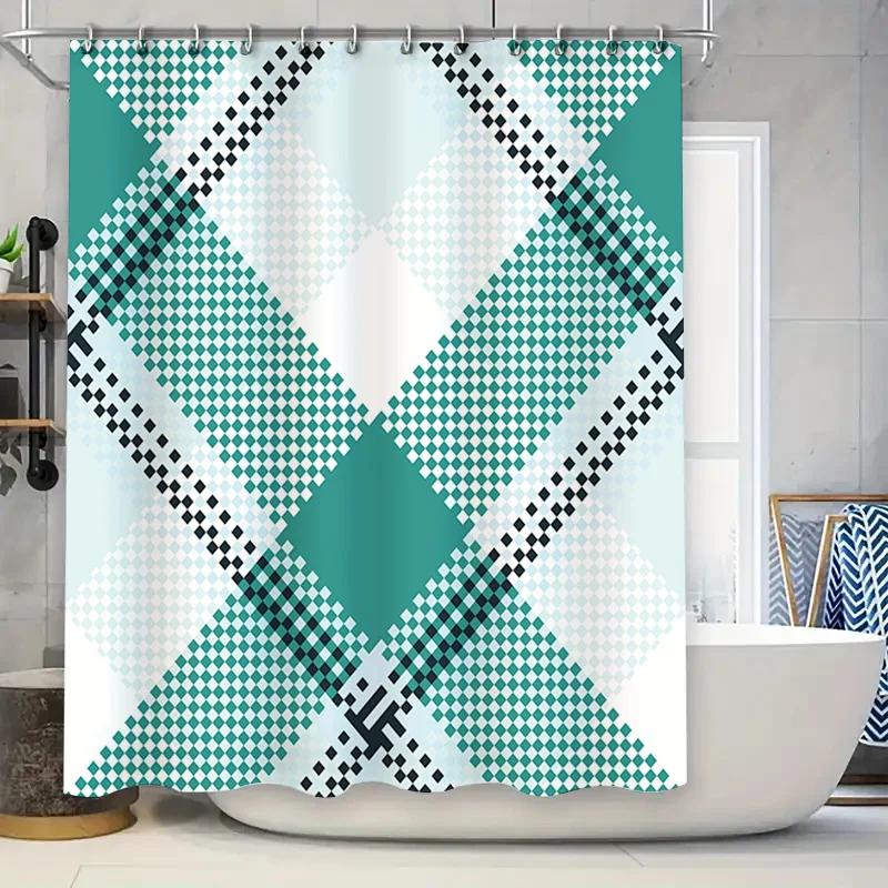 

Modern Bathroom Shower Curtain with Geometric Pattern Blue White Checkered Design (Set Includes 12 hooks) W90xH180cm