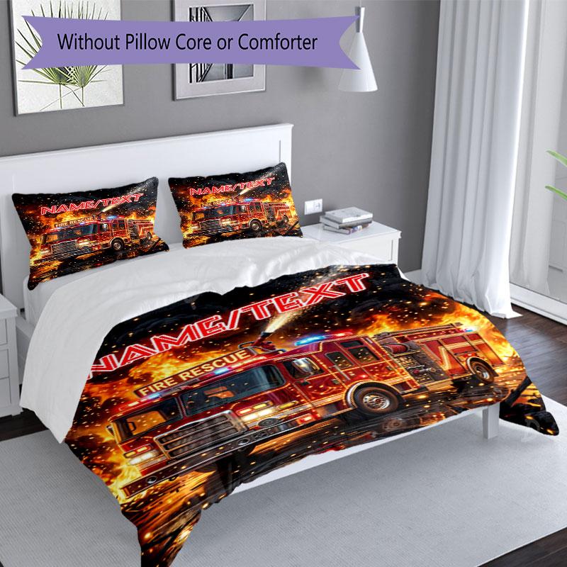 3PC Custom Name Fire Truck Action Bedding Set Duvet Cover Closure Includes 1 Duvet Cover & 2 Pillowcases for Bedroom