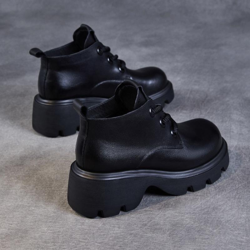 Genuine Leather High-top Platform Ankle Boots with Thick Soles Stylish Lace-up Design British Retro Style