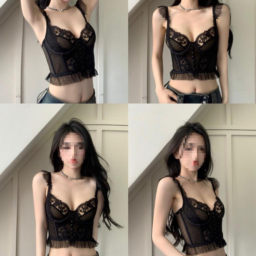 Black Fishbone Lace Suspender Vest Women's Summer V-neck Bra Underwear Inside and Sexy Short Top Outside