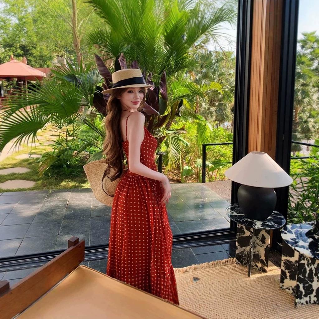 Retro Floral Red Suspender Dress Women's Summer New Waist A Word Thin French Temperament Long Dress