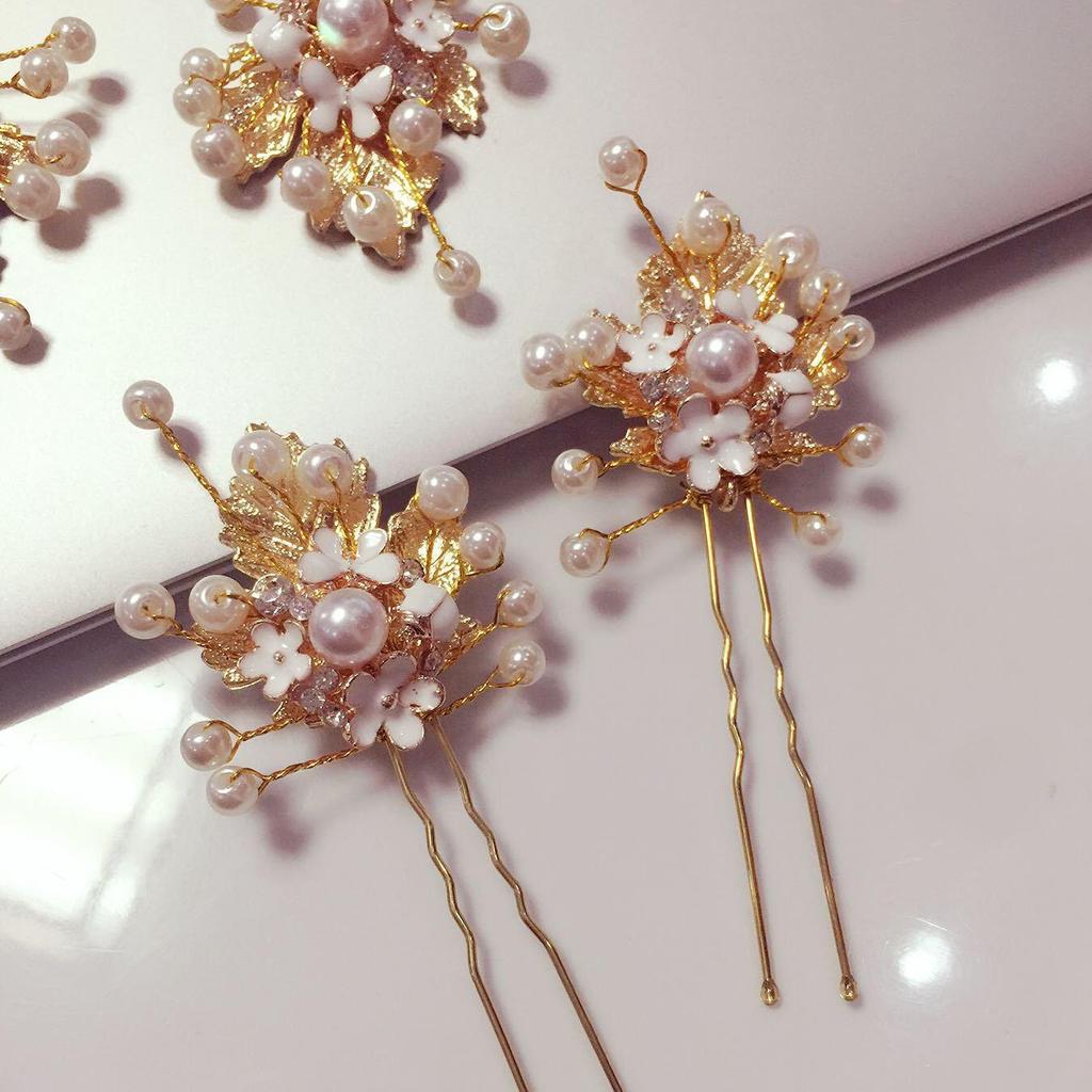 Korean Gold Leaf Pearl Bridal Hairpin Headdress