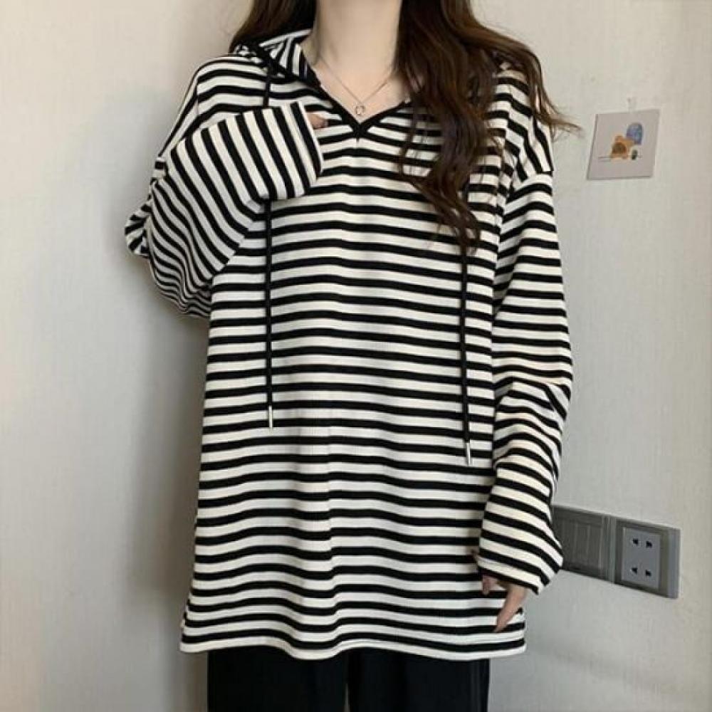 Navava Women Loose FiT STripe Long Sleeve Hoodie T shirT nT2206