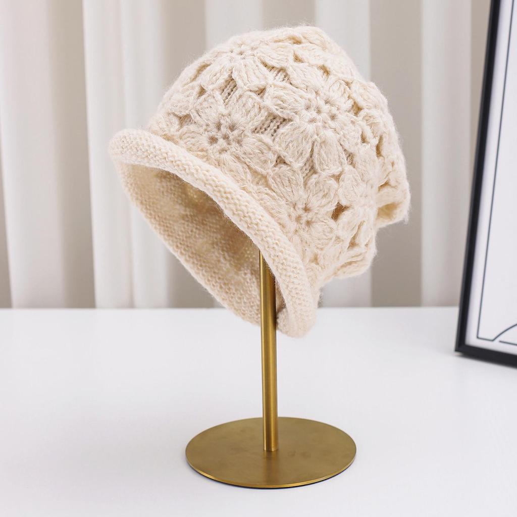Handmade Double-Layer Crochet Wool Beanie with Roll-Up Brim for Women
