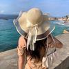 high quality1pc outdoor beach hat, large eaves bow ribbon beach hat for ladies, round-topped straw hat, bow sun hat