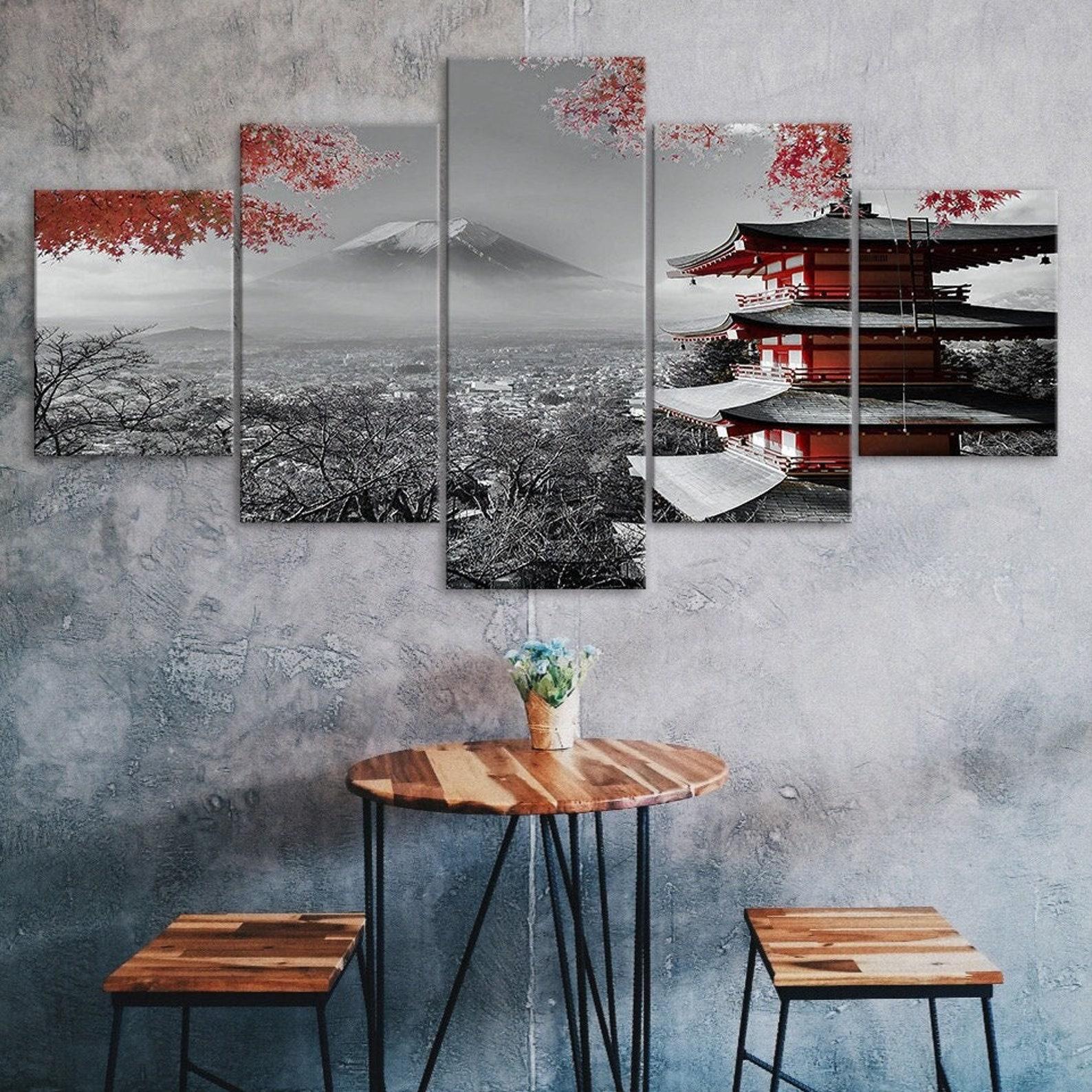 

Japanese Temple Mount Fuji 5 Piece Canvas Wall Art Multi Panel Print Modern Art Poster Home Decor Picture Gift For Him For Her 20x35 20x45 20x55cm