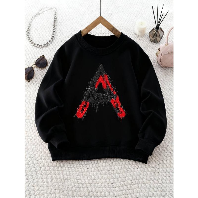 Girls' Round Neck Sweatshirt with Letter A Ink Splatter Print, Casual Top for Weekend Outings and Christmas Outfits