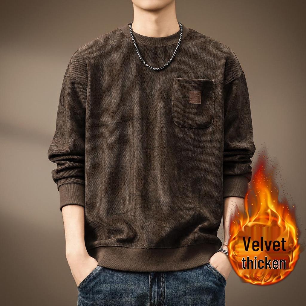 Men's Heavyweight Wool Hoodie - Spring/Autumn Round Neck, Loose Long Sleeve T-shirt, Printed Casual Base Layer