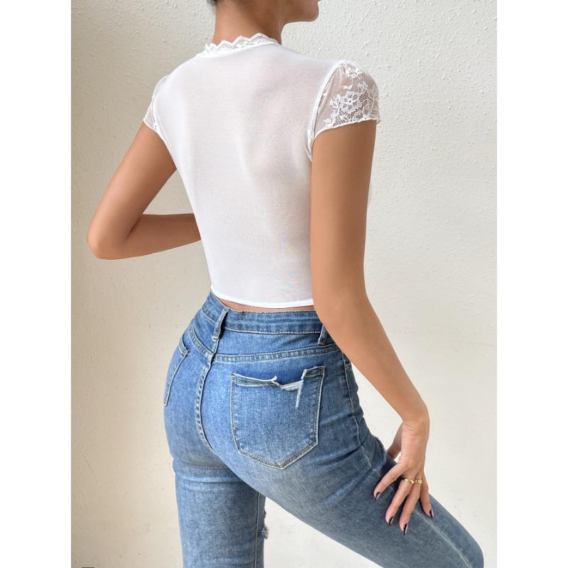 Round Neck Floral Lace Patchwork Top Sexy Steel Ring Fishbone Slim Fit with Exposed Navel Short Women's Corset Tops
