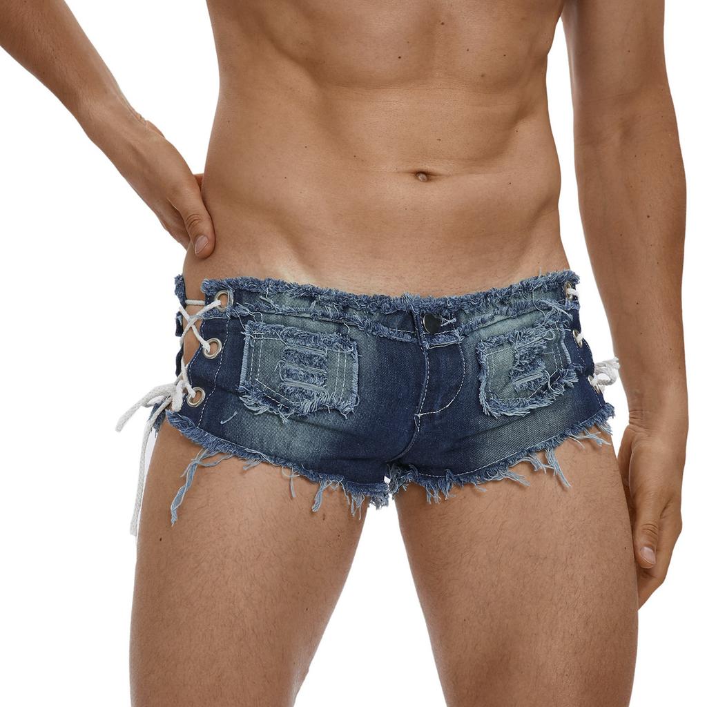 Men’s Low Rise Extra Short Denim Shorts Raw Edge Ripped Side Lace Up Hot Pants for Rave Clubbing