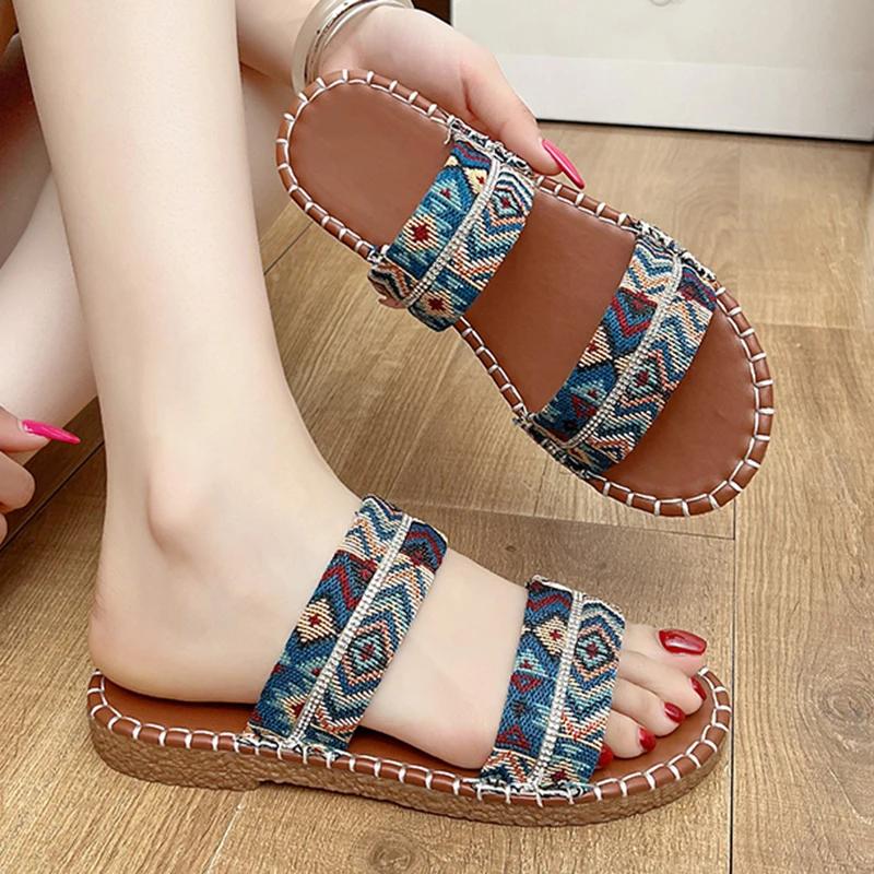 

Fashion Bohemian Style Round Toe Low Heel Slippers Women Vintage Summer Non Slip Flat Sandal Female Casual 2025 Patchwork Slides Mujer 36 синий