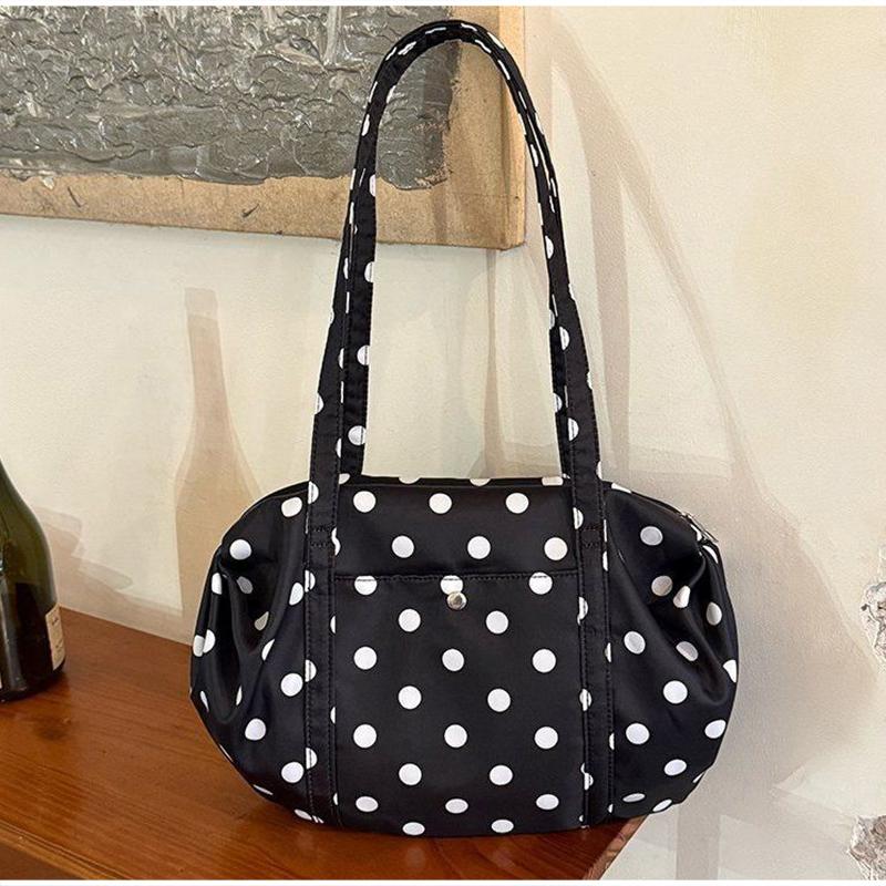Korean Polka Dot Tote Bag Lightweight Nylon Handbag Women Casual Commute Shoulder Bag Large Capacity Sports Foldable Storage Bag