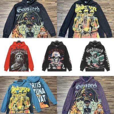 Cross Skull Retro Fleece-gefütterter gewaschener Hoodie - Verdickt Lässig Rohkante Hip Hop Stil