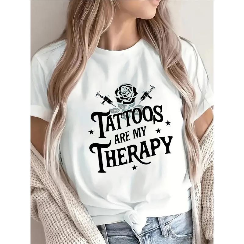 

Lightweight And Durable T-Shirt with Short Sleeves Featuring a Graphic That Says Tattoos Are My Therapy , Ideal for Casual Outings at Home S белый