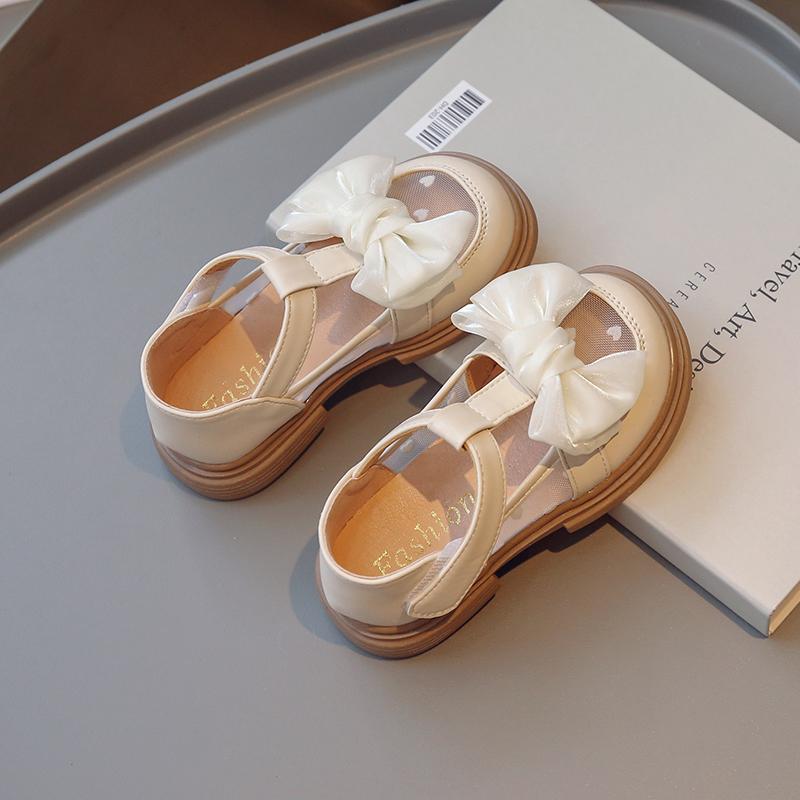 Girls Princess Shoes Big Bows T-strap Kids Leather Shoes Mesh Breathable 2025 Summer New Girls Sandals Round Toes Sweet Ins