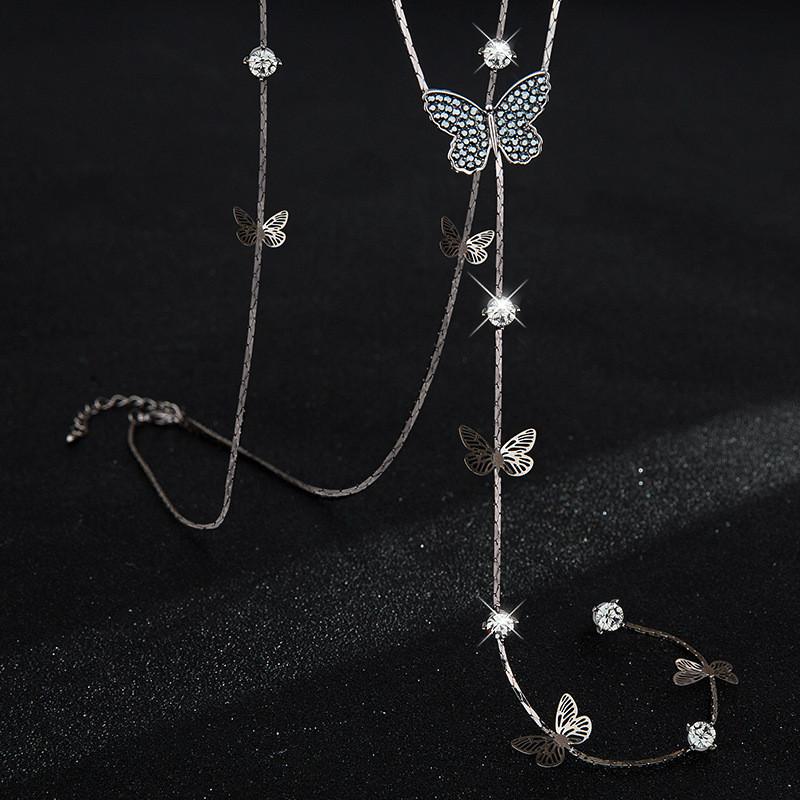 Elegant Korean Style Rhinestone Butterfly Tassel Sweater Necklace For Women