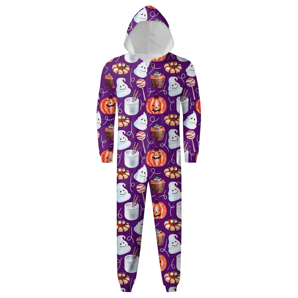 Halloween Printed Family Matching Hooded Long Sleeved Zippered Hooded  Jumpsuit Set