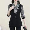 Autumn Women's Fack Two Piece Print Pactchwork Bow Shirt Female Elegant Fashion Long Sleeve Blouse Office Lady Blusa Top
