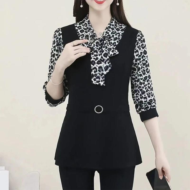 Autumn Women's Fack Two Piece Print Pactchwork Bow Shirt Female Elegant Fashion Long Sleeve Blouse Office Lady Blusa Top
