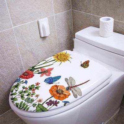 Toilet Lid Stickers Self-adhesive PVC Decals Vinyl Art Decoration Creative Flower Grass Butterfly Dragonfly Wall Stickers Removable Bathroom