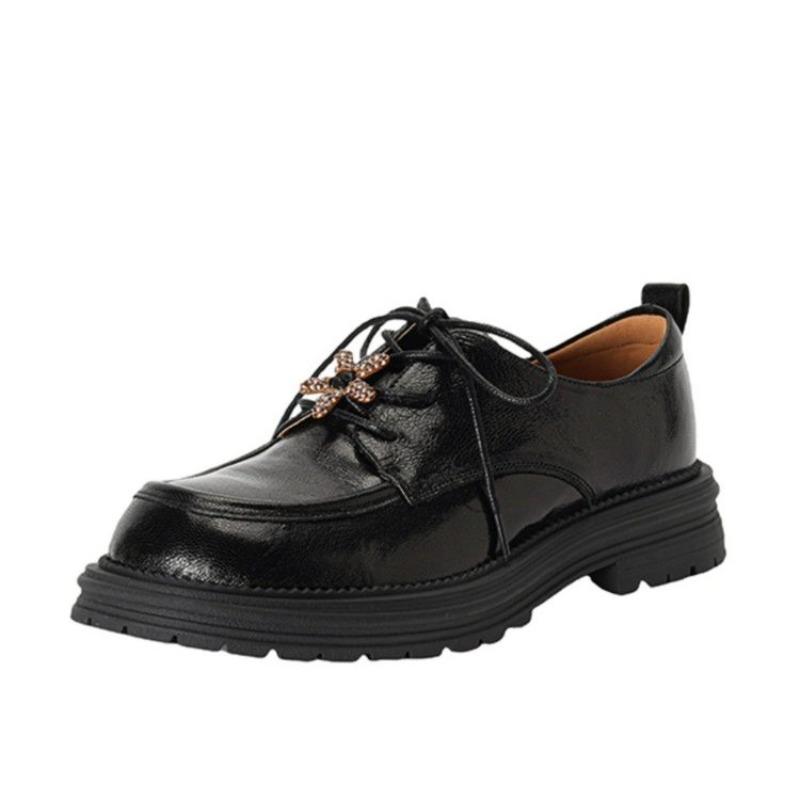Fashion Block Heel Loafers Autumn New Round Toe Deep Mouth Front Lace-Up Rhinestone Non-Slip Wear-Resistant Platform Single Shoes