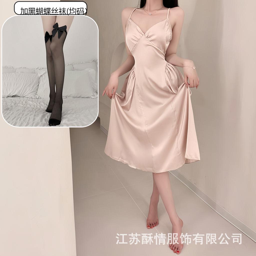 Crispy sexy suspender long hollow backless strap solid color low neck temptation casual nightdress home set