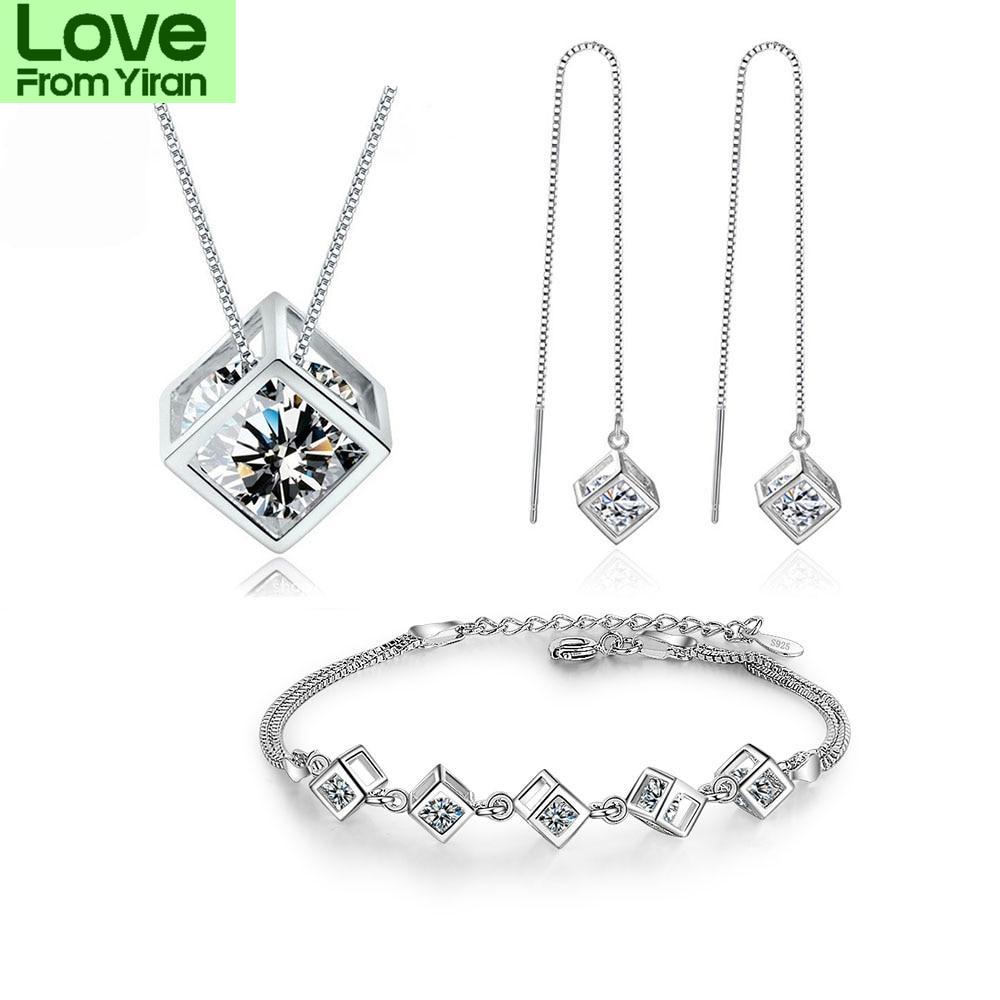 

925 стерлингового серебра роскошный блестящий квадратный куб ожерелье серьги браслет для женщин подарок циркон подарок на годовщину