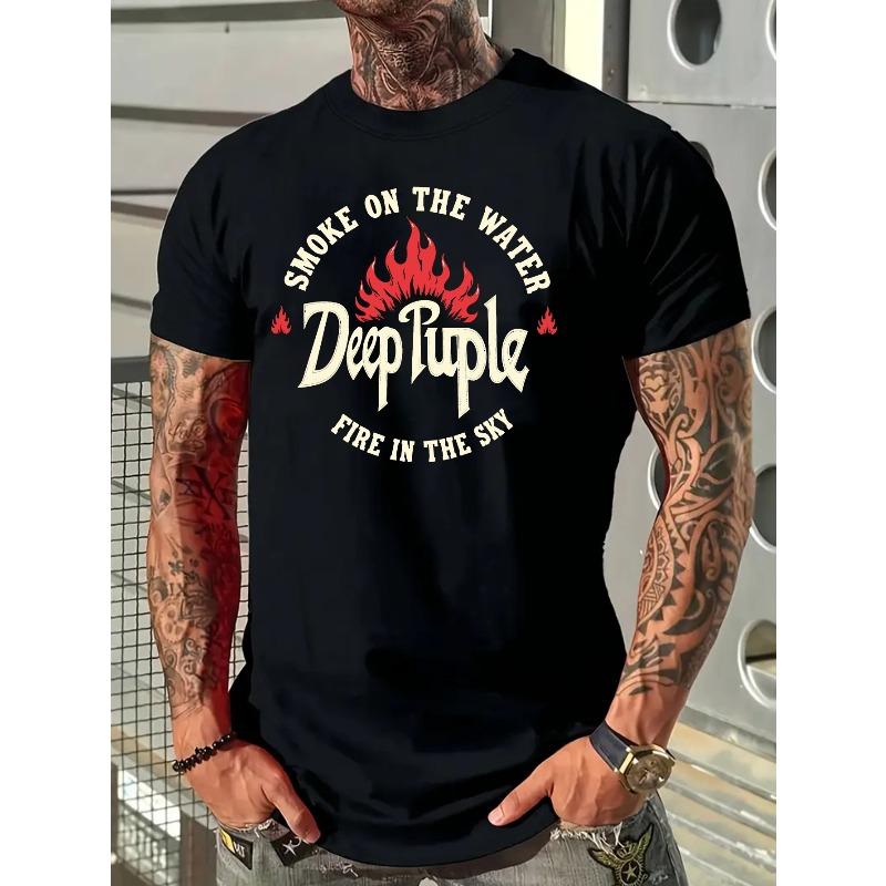 Men's Cotton Blend Graphic T-Shirt - Bold "Smoke on the Water" Flame Print, Regular Fit Casual Summer Tee for Sports & Casual Attire
