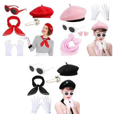 Ladies 1980s Costume Hat with Sunglasses Heart Earrings Gloves Scarf for Women Birthday Themed Party Music Festival