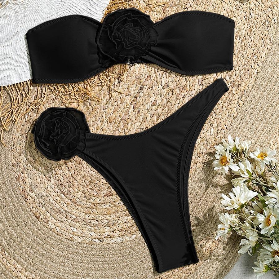 Three-Dimensional Floral Bikini Set: Bandeau Top & Triangle Bottoms
