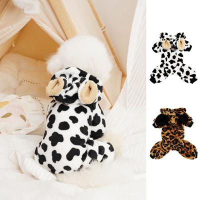 Moda İnek Leopar Desenli Köpek Tulumu Peluş Kulak Şapkası Kış Sıcak Evcil Hayvan Giyimi