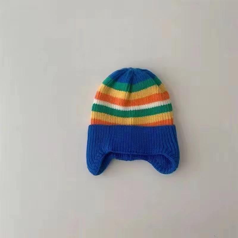 Winter Baby Knitted Hat Korean Striped Rainbow Children's Hats Toddlers Colorful Children's Warm Ear Protection Hats for Boys and Girls.