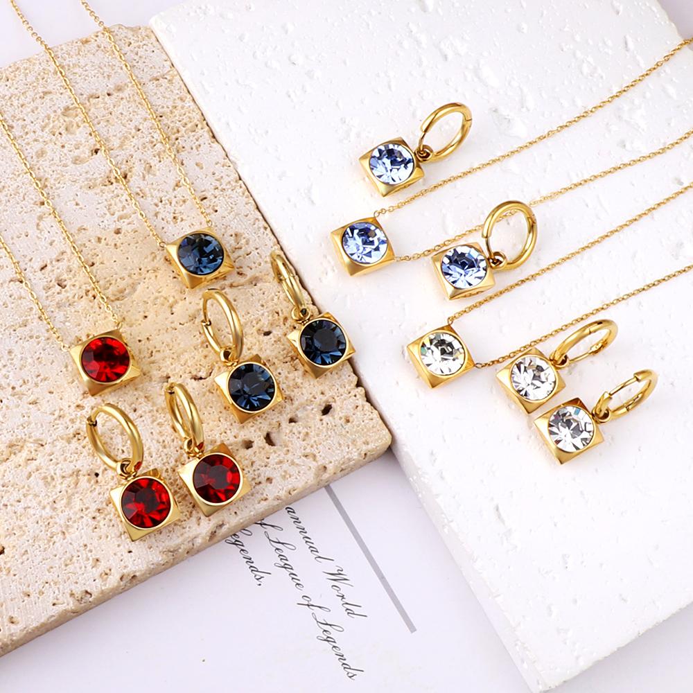 Square Multiple Color Crystal Pendant Necklace Earrings Set Stainless Steel Zircon Set 2Pcs For Women Party Gifts Free Shipping