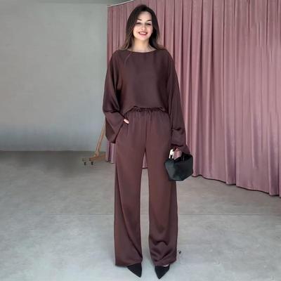 Conjunto Casual Feminino de Cor Sólida de Manga Comprida e Calças de Perna Reta